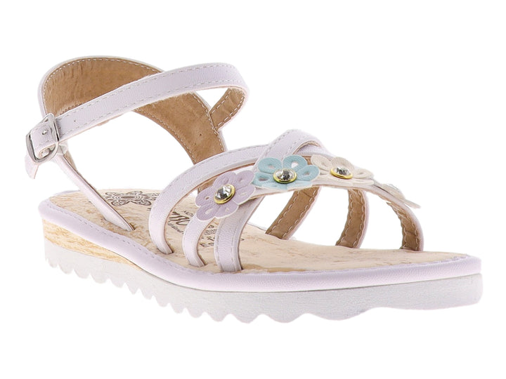 Sandalias para niña color lila con adornos de flores y cierre de hebilla.