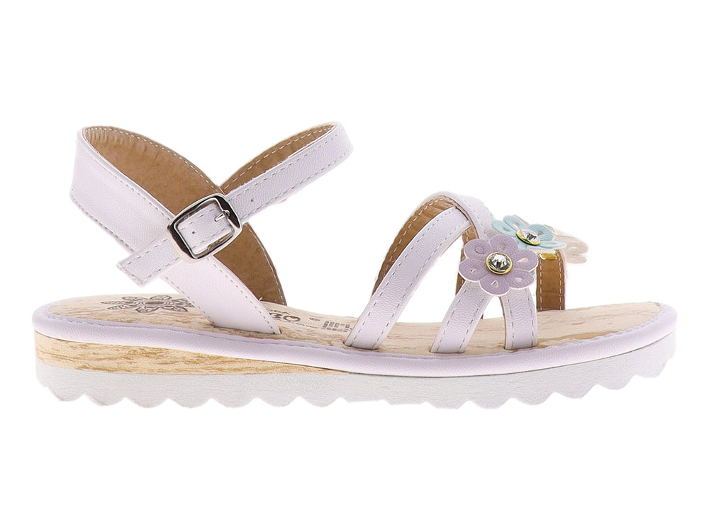 Sandalias para niña color lila con adornos de flores y cierre de hebilla.