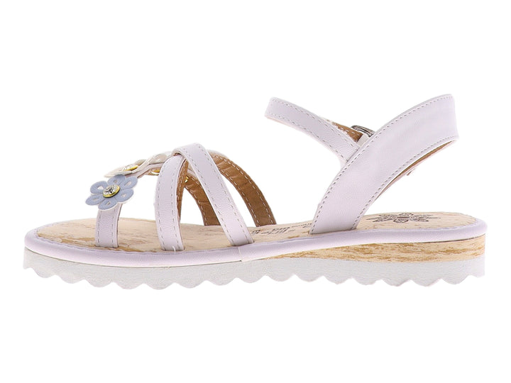 Sandalias para niña color lila con adornos de flores y cierre de hebilla.
