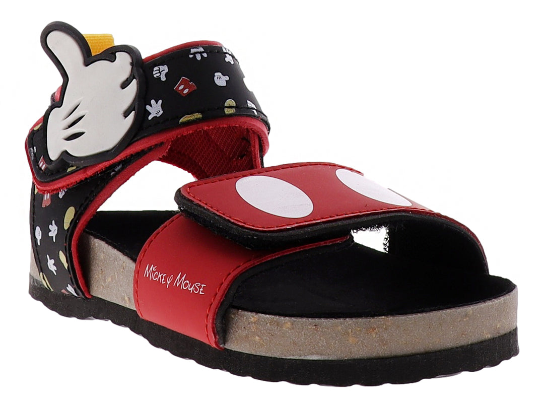 Sandalia infantil de Mickey Mouse en colores rojo y negro con detalles blancos y suela tipo corcho.