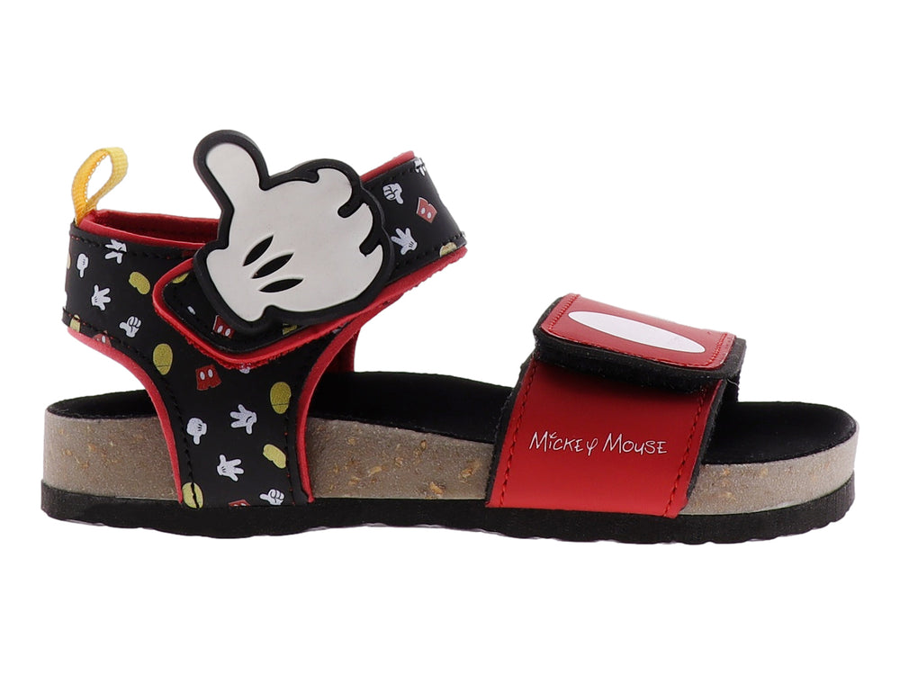 Sandalia infantil de Mickey Mouse en colores rojo y negro con detalles blancos y suela tipo corcho.