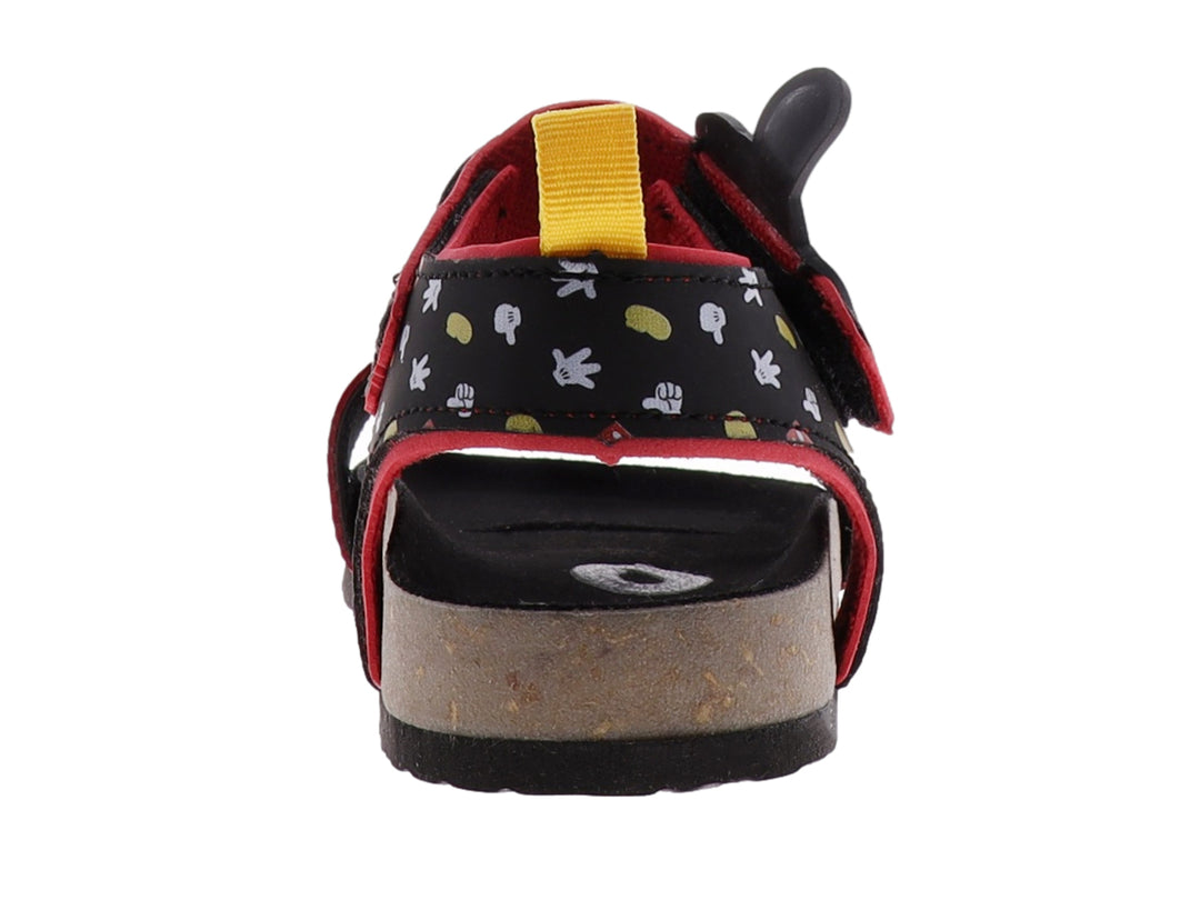 Sandalia infantil de Mickey Mouse en colores rojo y negro con detalles blancos y suela tipo corcho.