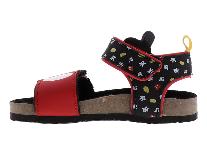 Sandalia infantil de Mickey Mouse en colores rojo y negro con detalles blancos y suela tipo corcho.