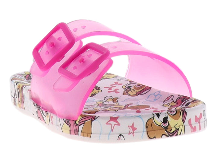 Sandalias rosas con estampado de perro en la suela y correas con hebillas.