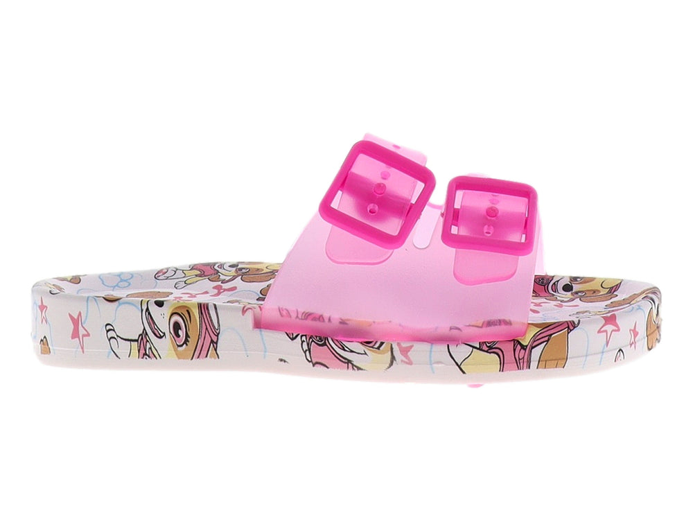 Sandalias rosas con estampado de perro en la suela y correas con hebillas.