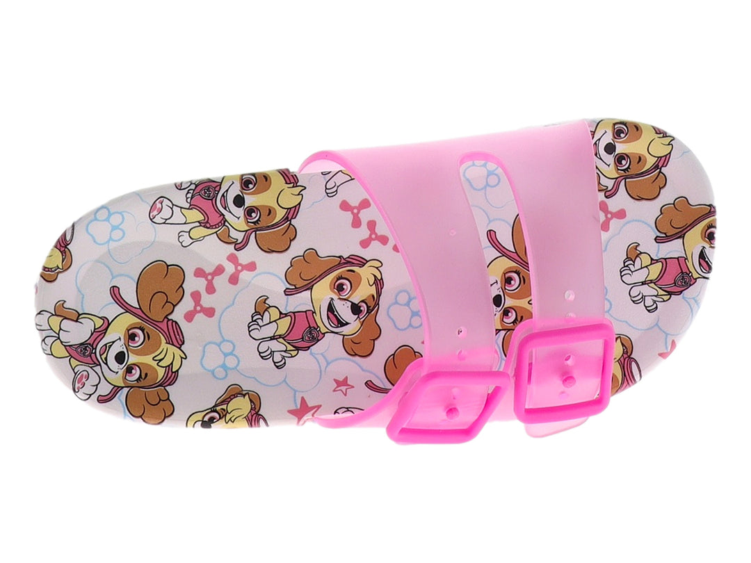 Sandalias rosas con estampado de perro en la suela y correas con hebillas.