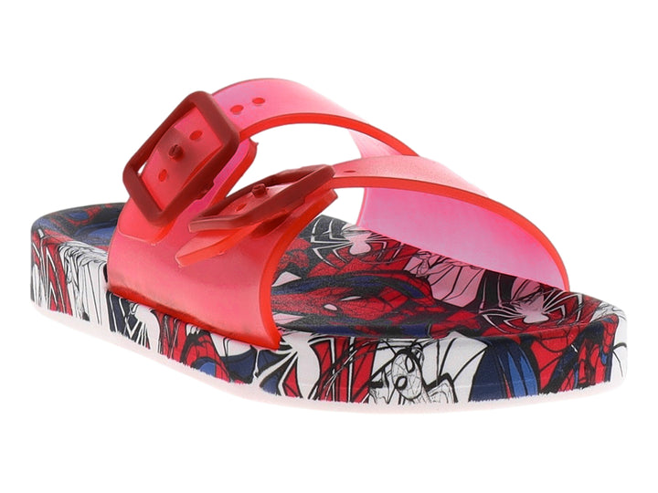 Sandalia roja infantil con estampado de Spider-Man en la planta y correa ajustable.