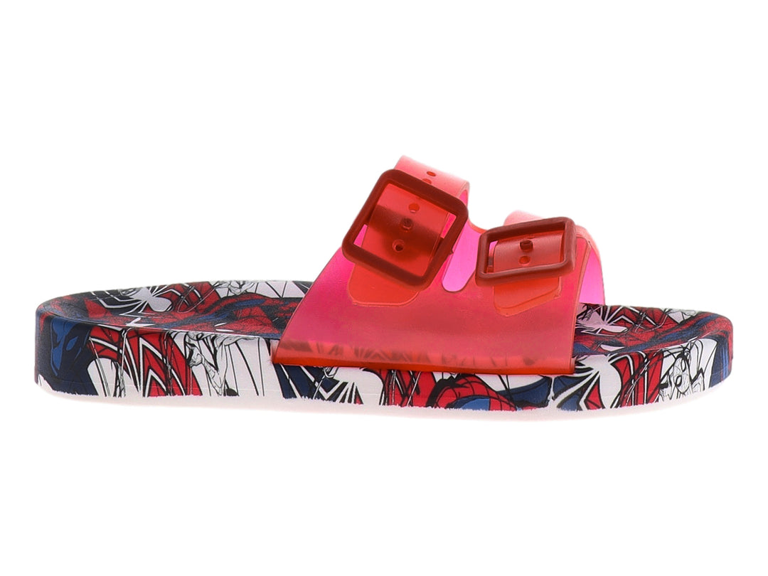 Sandalia roja infantil con estampado de Spider-Man en la planta y correa ajustable.