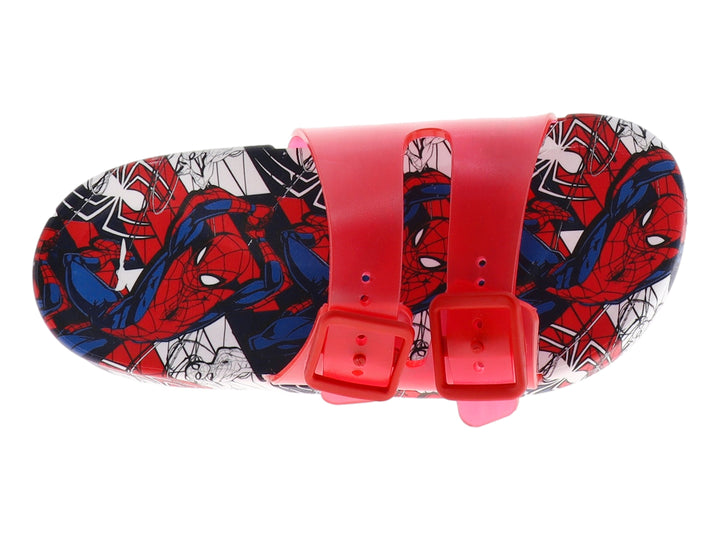 Sandalia roja infantil con estampado de Spider-Man en la planta y correa ajustable.