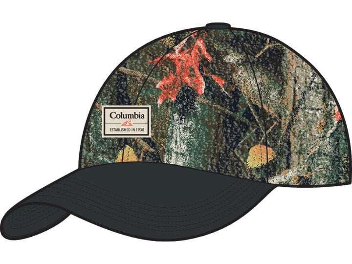 Gorra Columbia con estampado multicolor de hojas y naturaleza con visera negra.