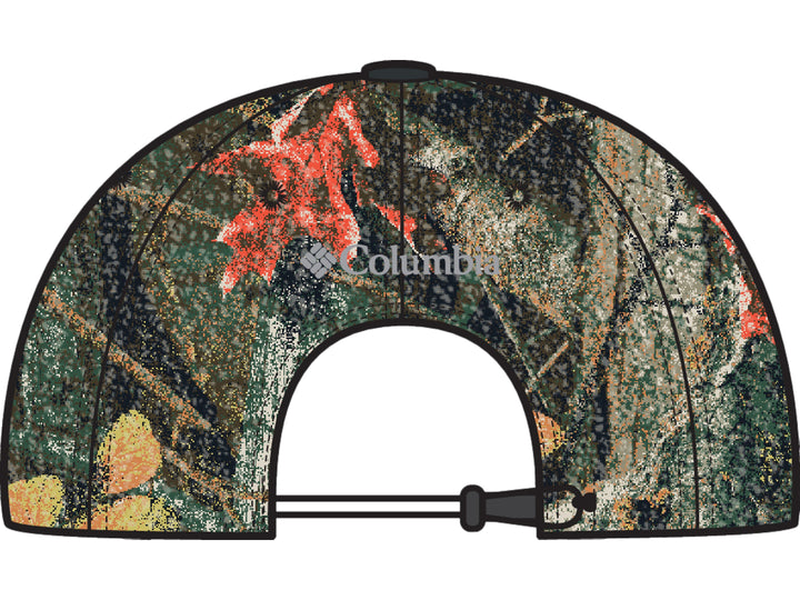 Gorra Columbia con estampado multicolor de hojas y naturaleza con visera negra.