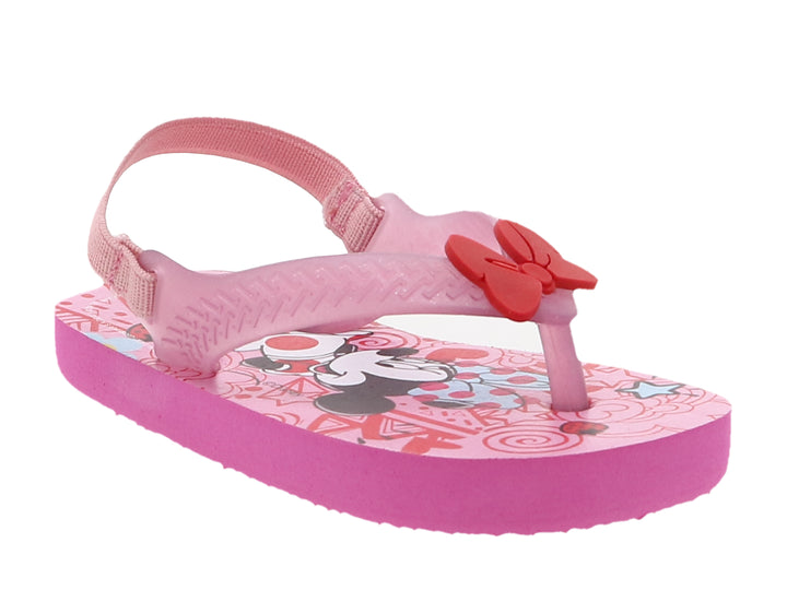 Sandalia rosa para niña con estampado de Minnie Mouse, moño rojo decorativo y correa trasera ajustable.