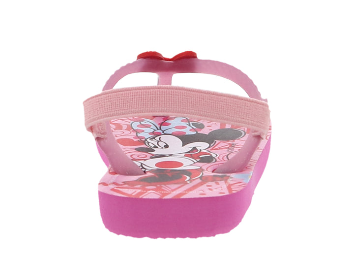 Sandalia rosa para niña con estampado de Minnie Mouse, moño rojo decorativo y correa trasera ajustable.