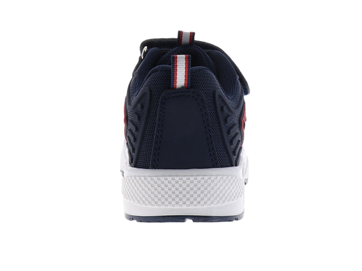 Tenis deportivos para niño en color marino con detalles rojos y suela blanca, cierre de velcro y agujetas.