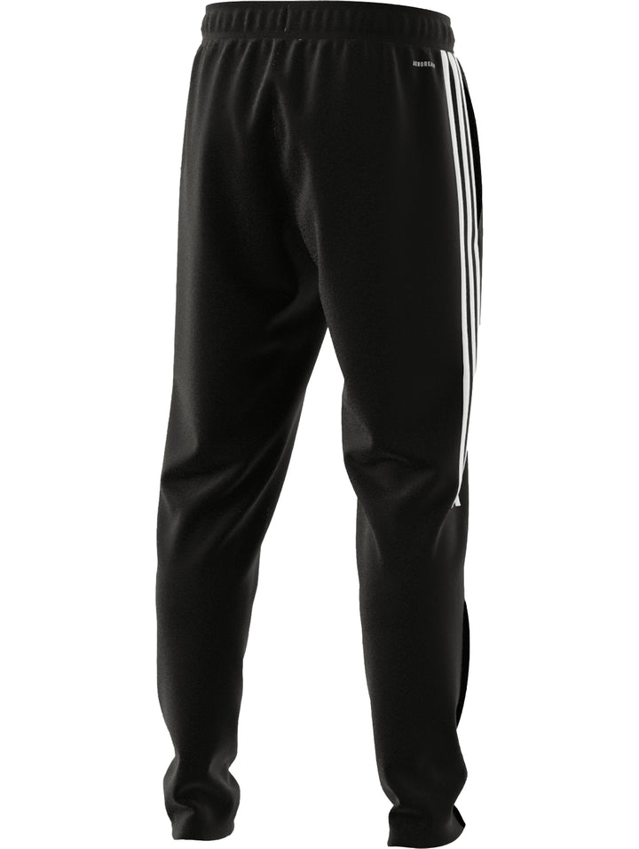 Pantalones deportivos Adidas color negro con tres franjas blancas laterales.
