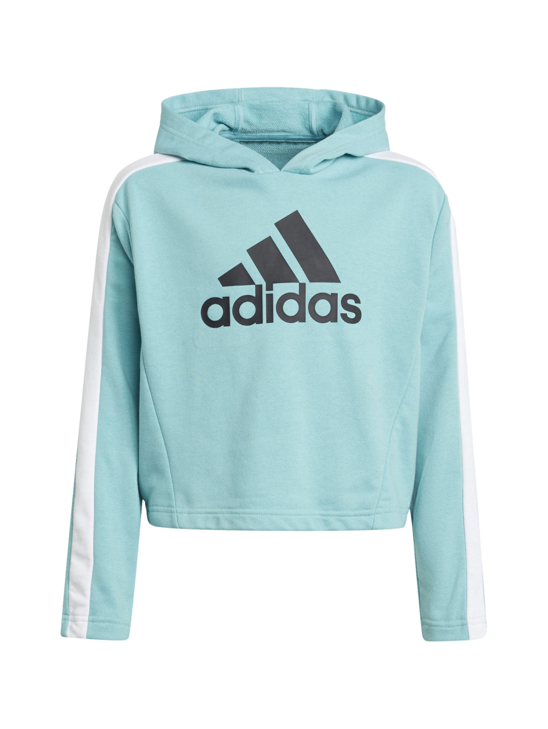 Conjunto deportivo Adidas para niña: sudadera crop top color menta y pantalón gris con rayas blancas laterales.