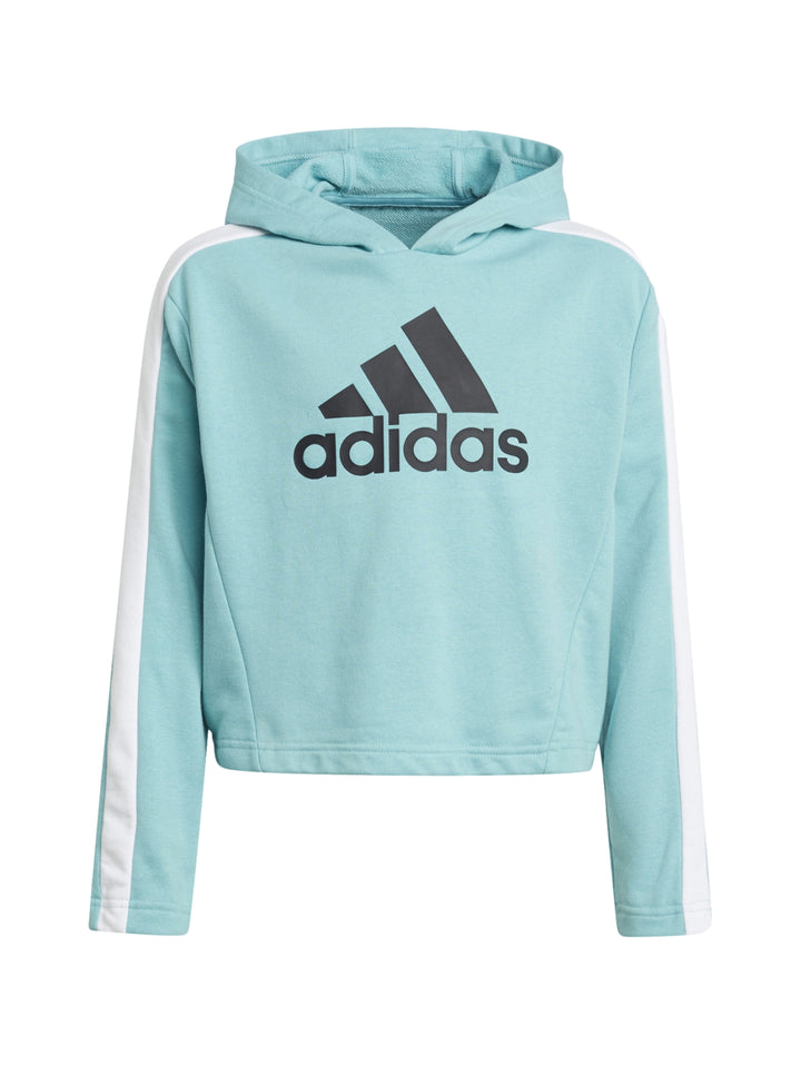 Conjunto deportivo Adidas para niña: sudadera crop top color menta y pantalón gris con rayas blancas laterales.