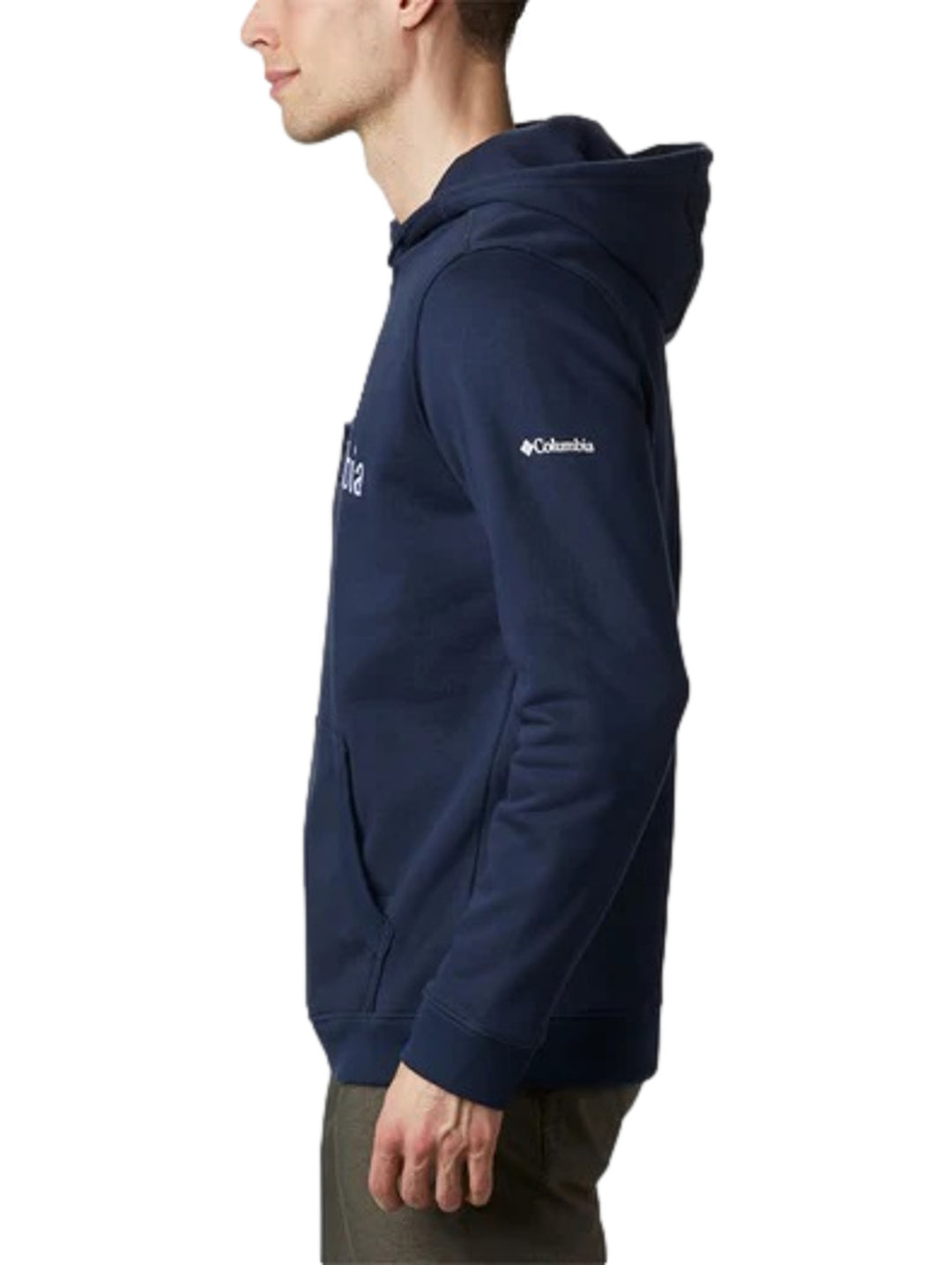 Sudadera con capucha color azul marino de la marca Columbia con logotipo blanco en el pecho y bolsillo frontal.