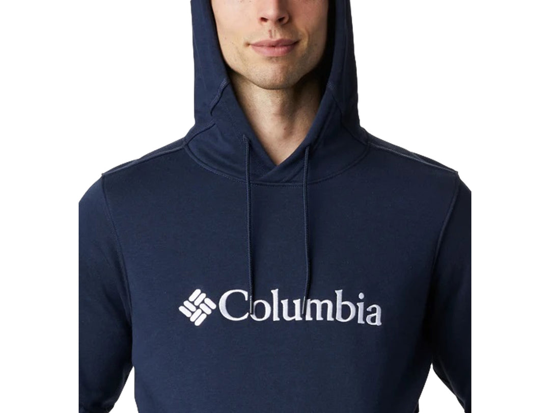 Sudadera con capucha color azul marino de la marca Columbia con logotipo blanco en el pecho y bolsillo frontal.