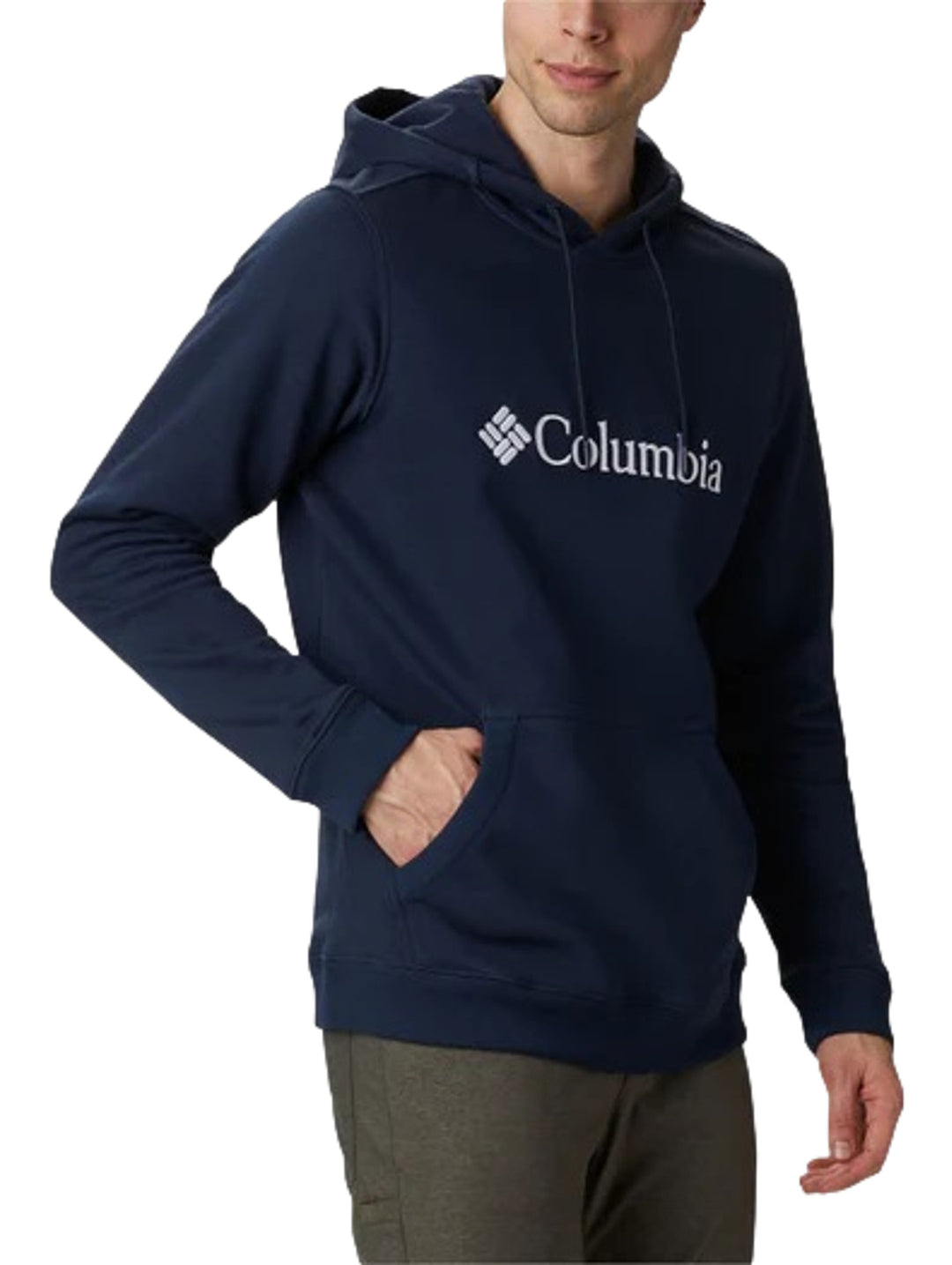Sudadera con capucha color azul marino de la marca Columbia con logotipo blanco en el pecho y bolsillo frontal.