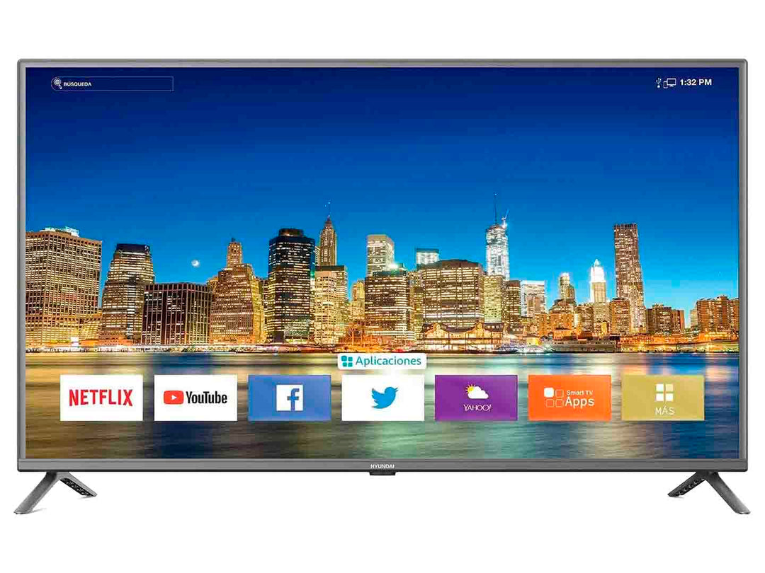 Televisor Smart TV Hyundai de 42 pulgadas color negro mostrando menú de aplicaciones en pantalla.