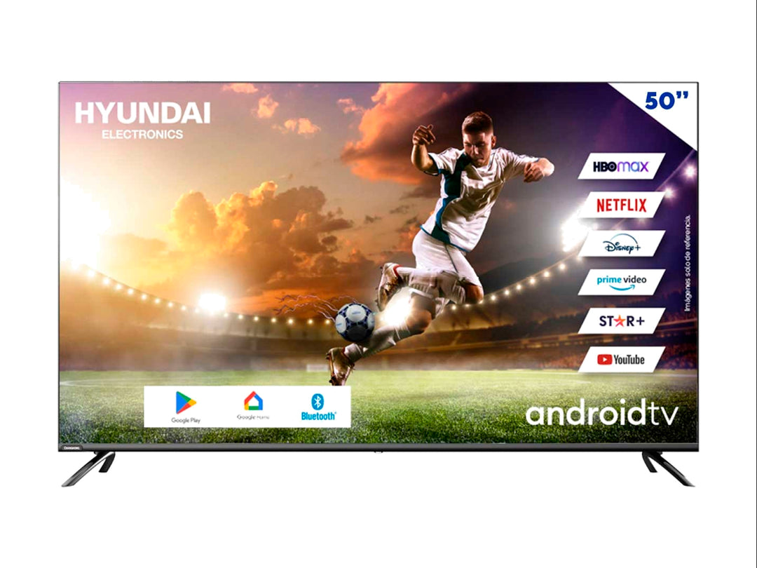 Televisor Smart TV Hyundai de 50 pulgadas color negro con pantalla UHD 4K y sistema Android TV.