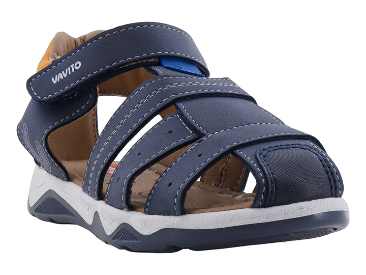 Sandalia infantil VAVITO color azul marino con suela blanca y cierre de velcro.