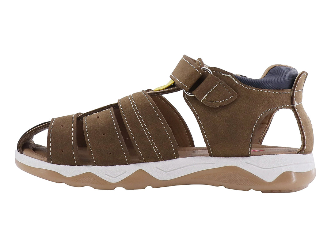Sandalia para Niño color arenilla con detalles en azul y amarillo y suela blanca.