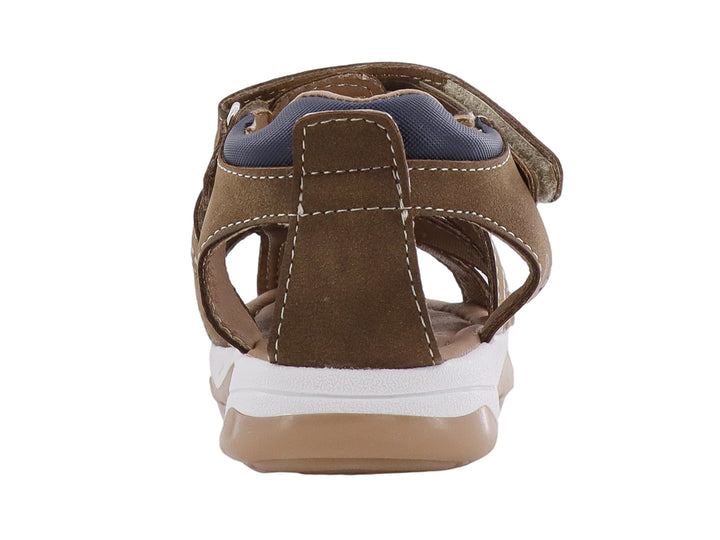 Sandalia VAVITO color arenilla para niño con correas de velcro y detalles en azul y amarillo.
