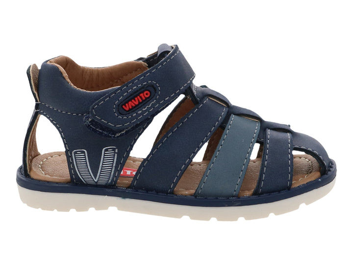Sandalias infantiles VAVITO color azul marino con cierre de velcro y suela blanca.