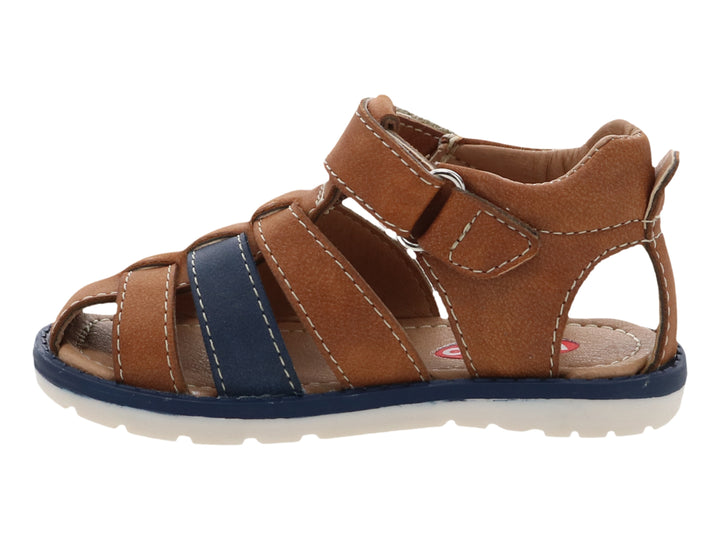 Sandalia para niño marca VAVITO en color camel con detalles en azul y suela blanca.