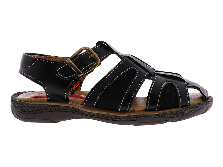 Sandalias negras para niño marca Coloso con hebilla metálica y suela marrón.