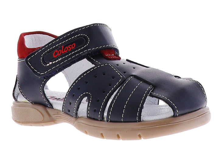Sandalia para niño marca Coloso color marino con suela blanca y detalles en rojo.