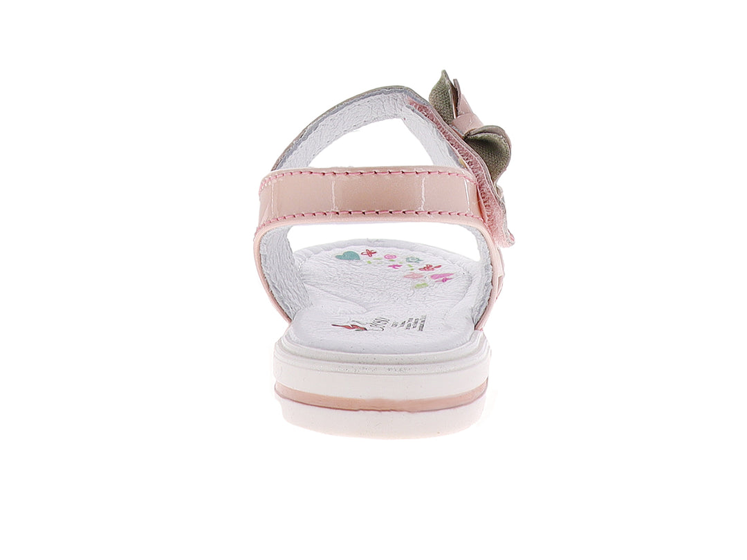 Sandalia infantil de color rosa con moño decorativo y detalles dorados.