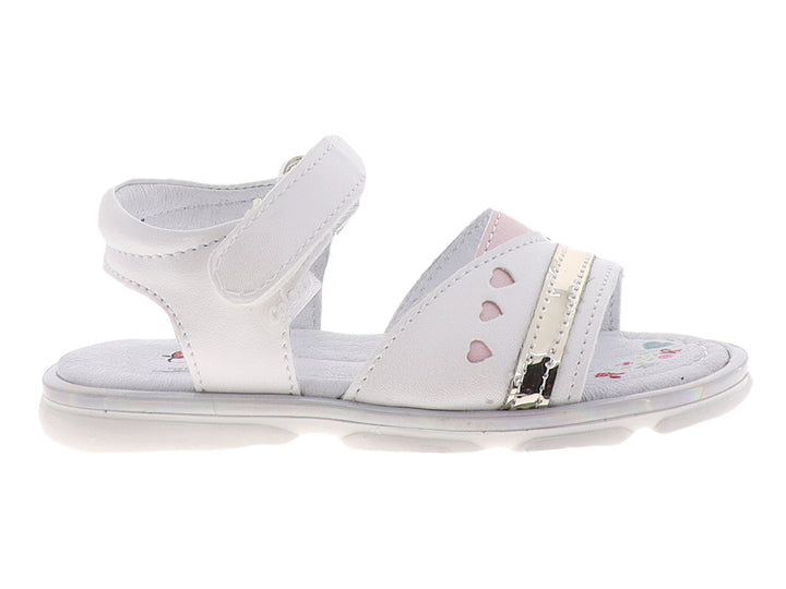 Sandalias blancas para niña con detalles en rosa, corazones calados y tira metálica.