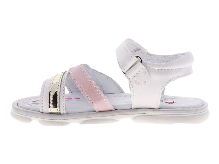 Sandalias blancas para niña con detalles en rosa, corazones calados y tira metálica.