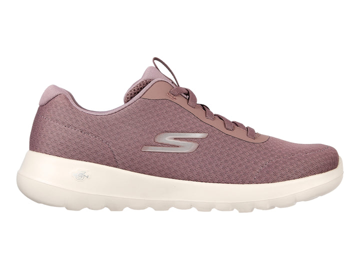 Tenis Skechers para mujer en color malva con suela blanca y diseño deportivo de tela.