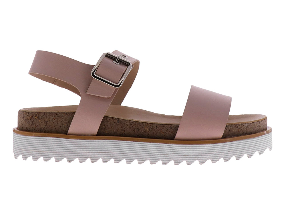 Sandalia de plataforma color durazno con suela blanca dentada y correa ajustable con hebilla para mujer.