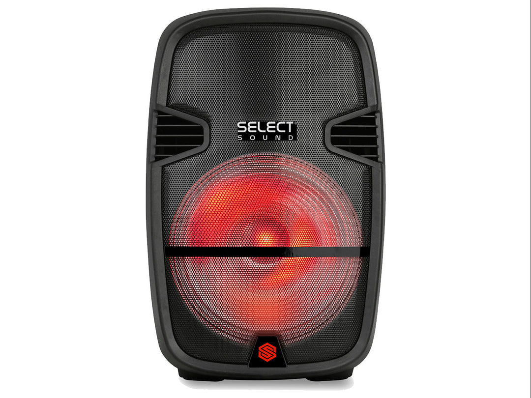 Bocina Bluetooth Select Sound color negro con iluminación LED roja frontal y rejilla protectora.