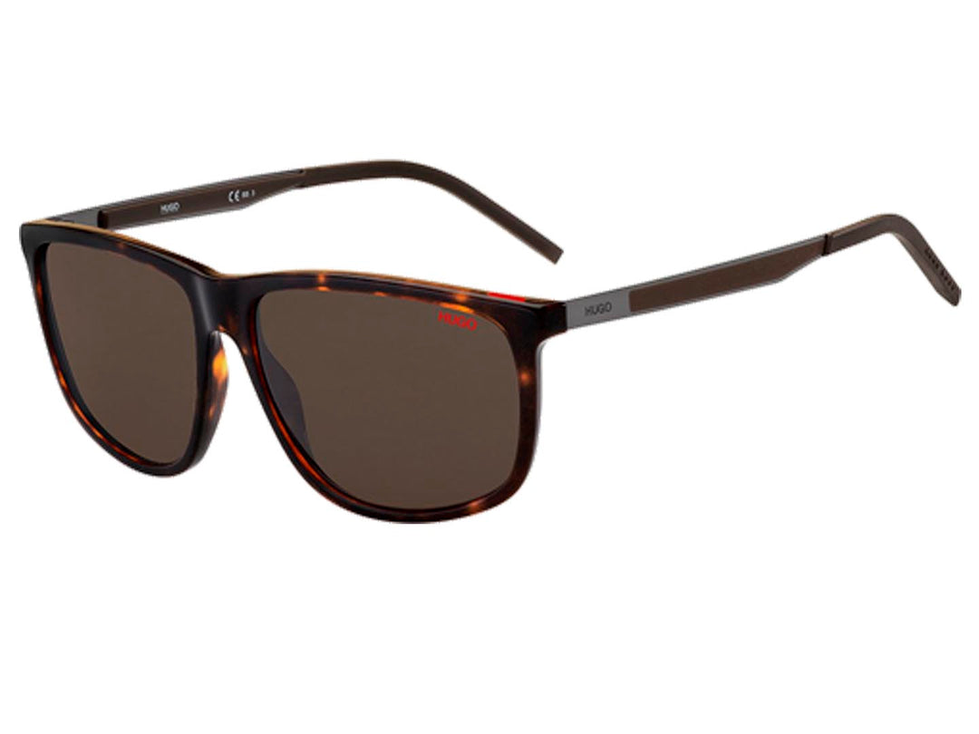 Lentes de sol Hugo Boss unisex con montura cuadrada en color marrón carey y micas oscuras.