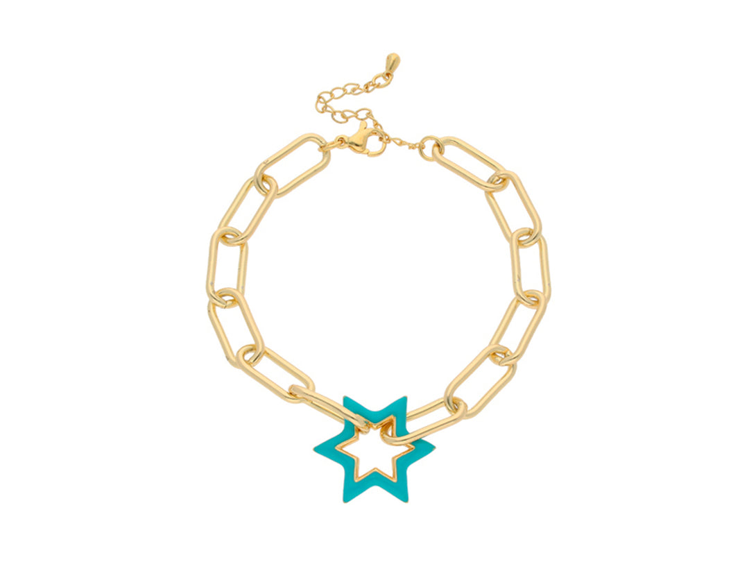 Pulsera de cadena color oro con un dije central en forma de estrella azul.