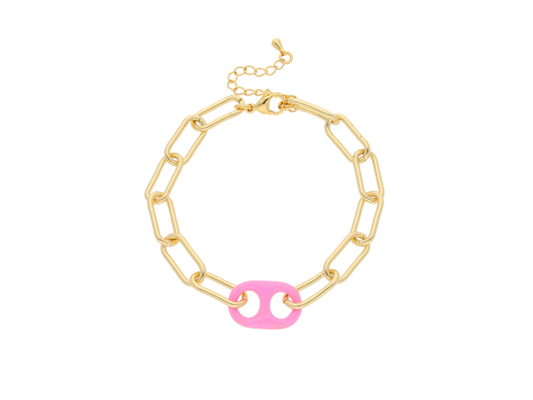 Pulsera de cadena dorada con un eslabón central en color rosa.