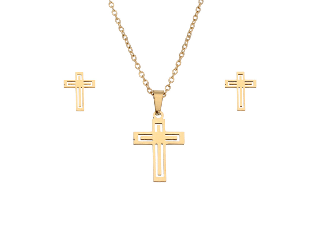 Set de joyería en color oro compuesto por un collar con dije de cruz y aretes a juego.