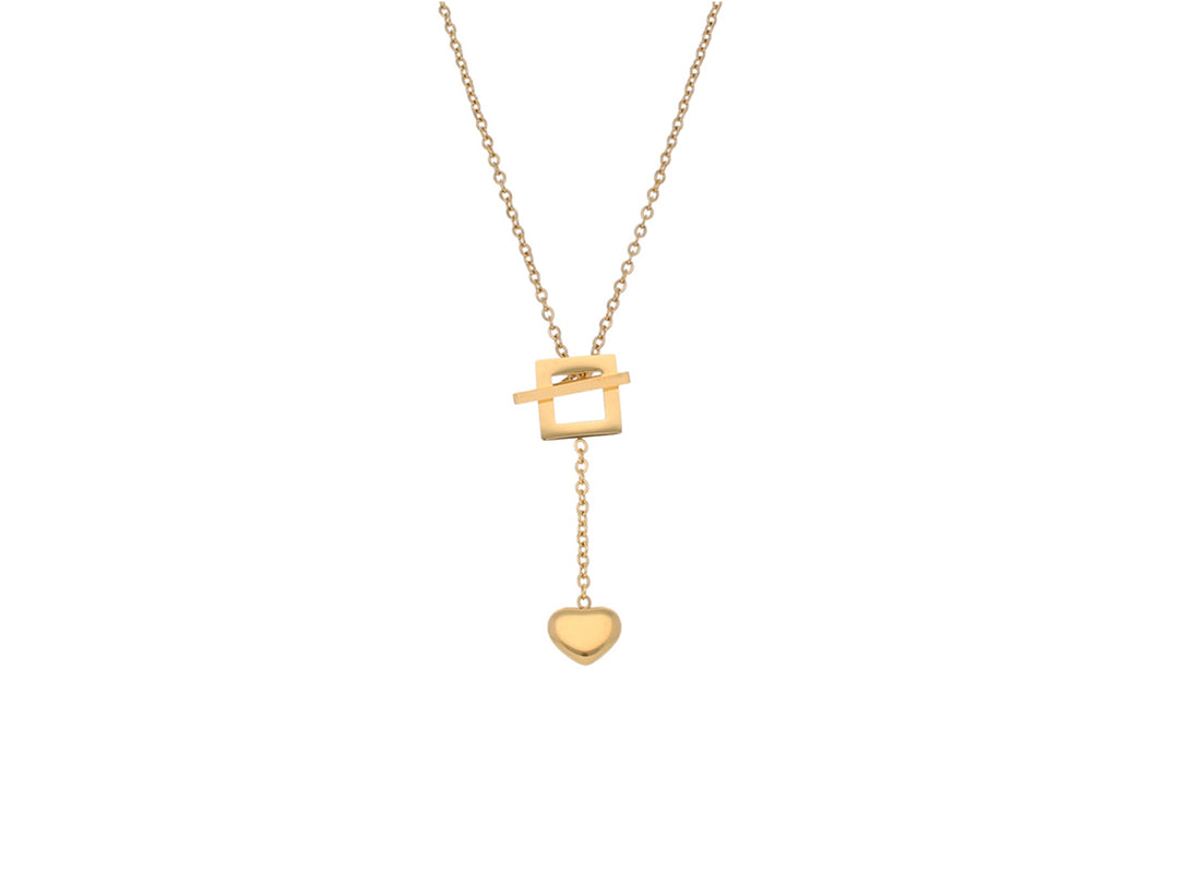 Collar de color oro con un dije cuadrado y un corazón colgante.