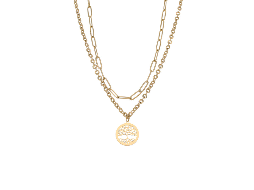 Collar de doble cadena color oro con dije circular del árbol de la vida.