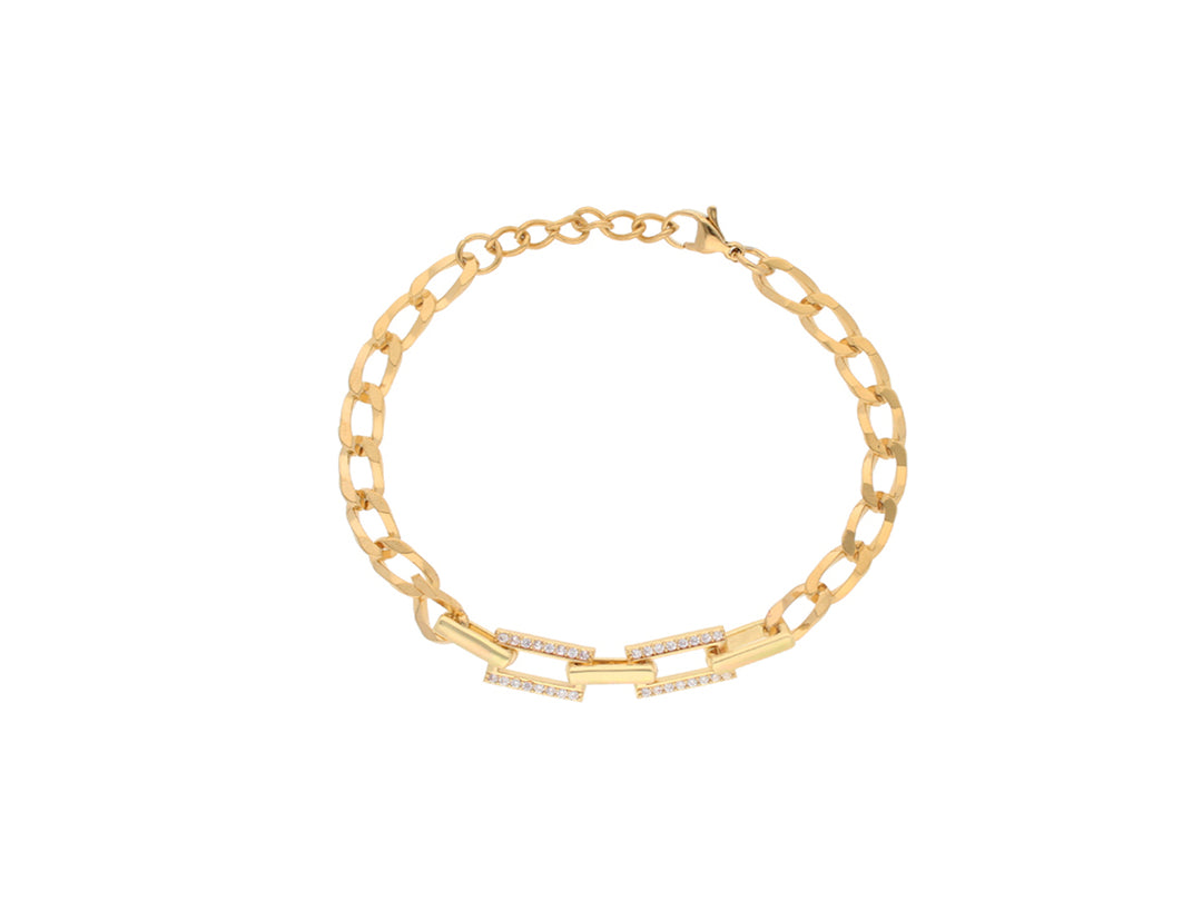 Pulsera de cadena en color oro con detalle central decorado con piedras brillantes.