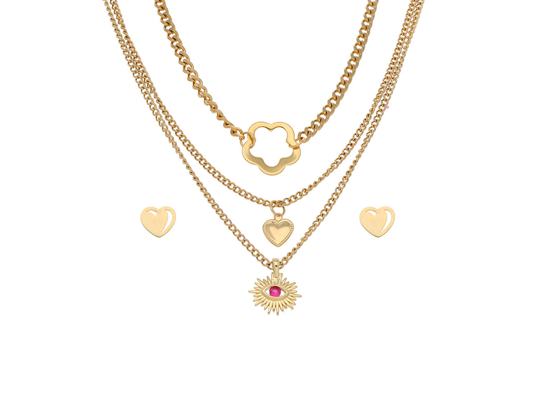 Set de collares en capas de color oro con dijes de flor, corazón y un sol con centro rojo.