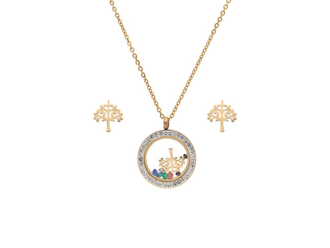 Set de joyería en color oro con collar de dije circular y aretes con diseño de árbol.