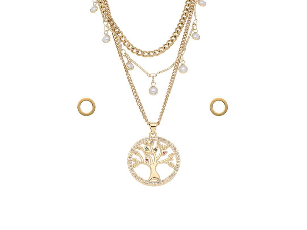Set de collares en oro con dije de árbol de la vida, perlas y dos anillos a juego.