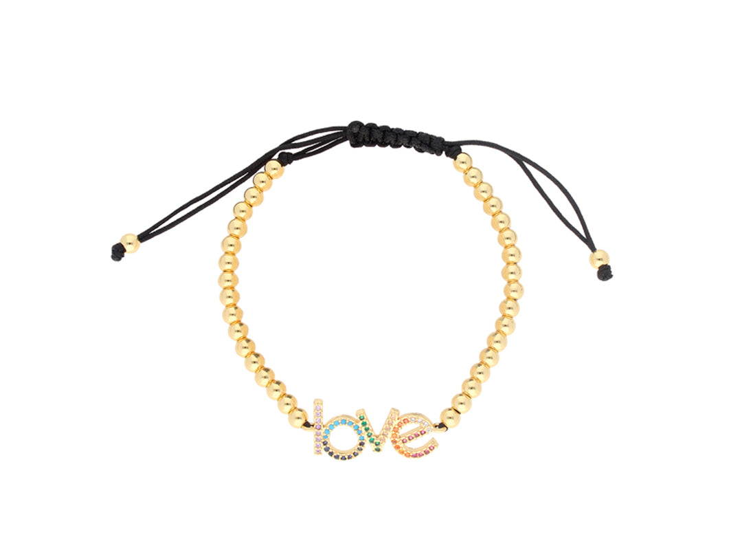 Pulsera de cuentas doradas con cordón negro y dije multicolor con la palabra love.